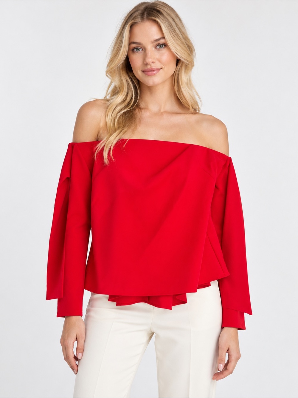 Milly Red Off Shoulder Draped Long Sleeve Top Size 12 57085